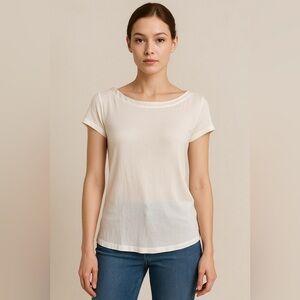 BCBGeneration Ivory Boatneck Satin Trim Top L | Semi Sheer Balletcore Minimalist